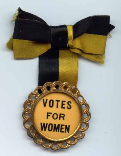 Votes For Women gold medallion on ribbon