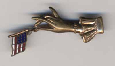 bronze pin of female hand with flag (no text)