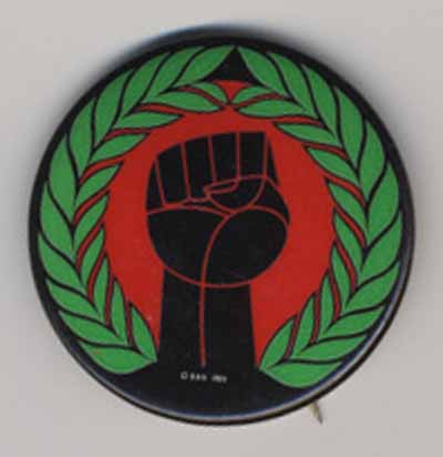 upraised black fist with green leaves [no text]