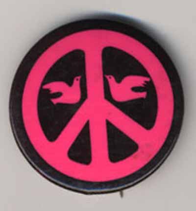 neon pink peace sign and two pink doves on black