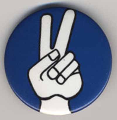 white hand peace sign on blue