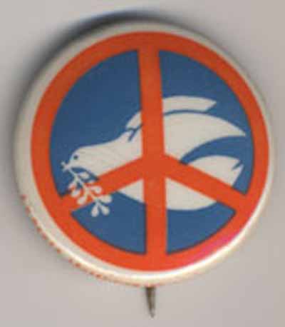 orange peace sign over white dove on blue [no text]